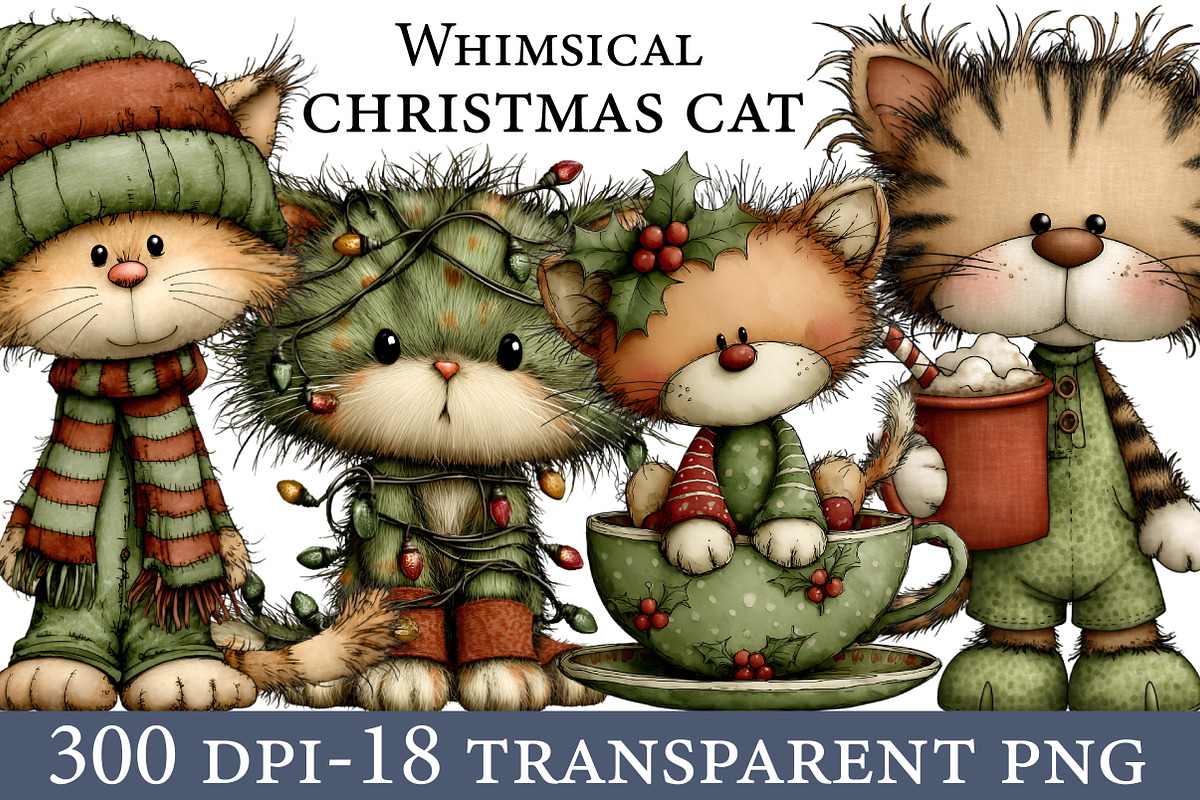 Whimsical christmas cat clipart, an Illustration by Designworld (Photo 1 of 6)