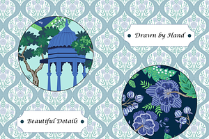 India Garden Patterns, Green Blue