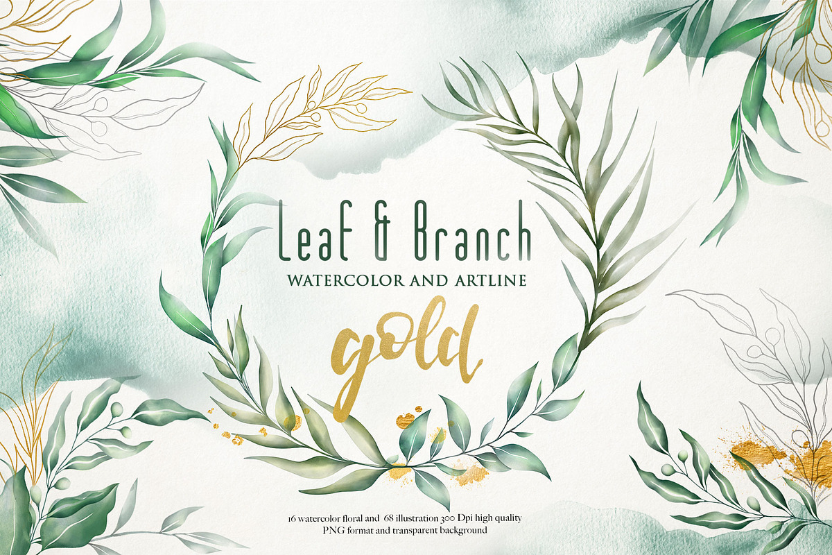 Watercolor & Gold Leaf Branch, a Decorative Illustration by Papatongartist (Photo 1 of 12)