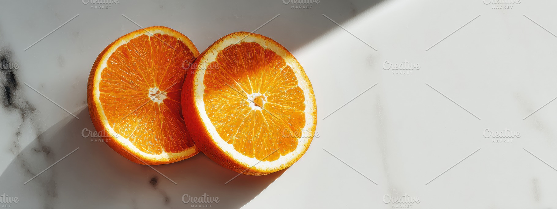 Two orange slices on white marble, a Photo by Virgo Studio