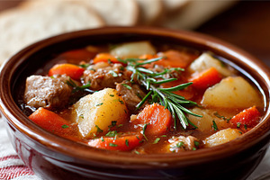Close up of a rustic bowl with beef, a Food & Drink Photo by MistyDay