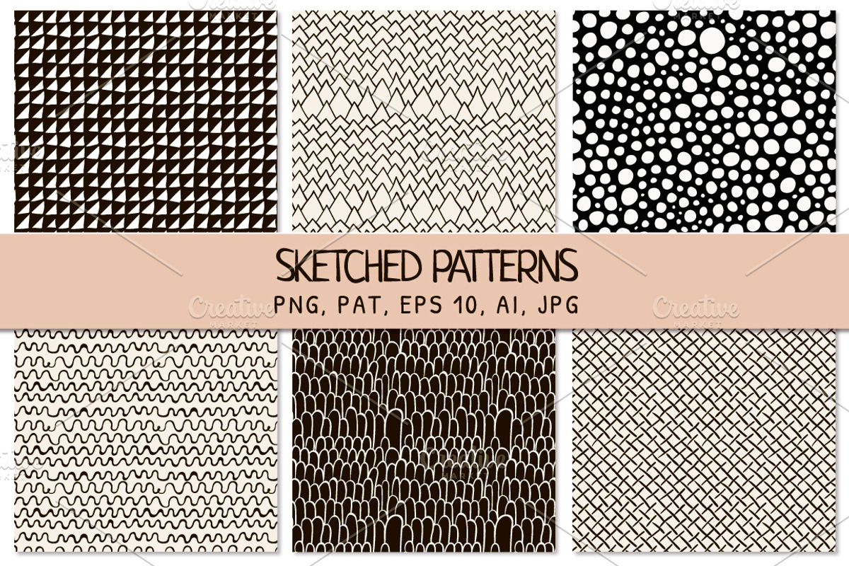6 Black Sketched Seamless Patterns, a Pattern Graphic by Olya Creative (Photo 1 of 4)
