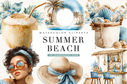 Watercolor Summer Beach Clipart, a Seasonal Illustration by BusyDaydesign (Thumbnail 1 of 9)