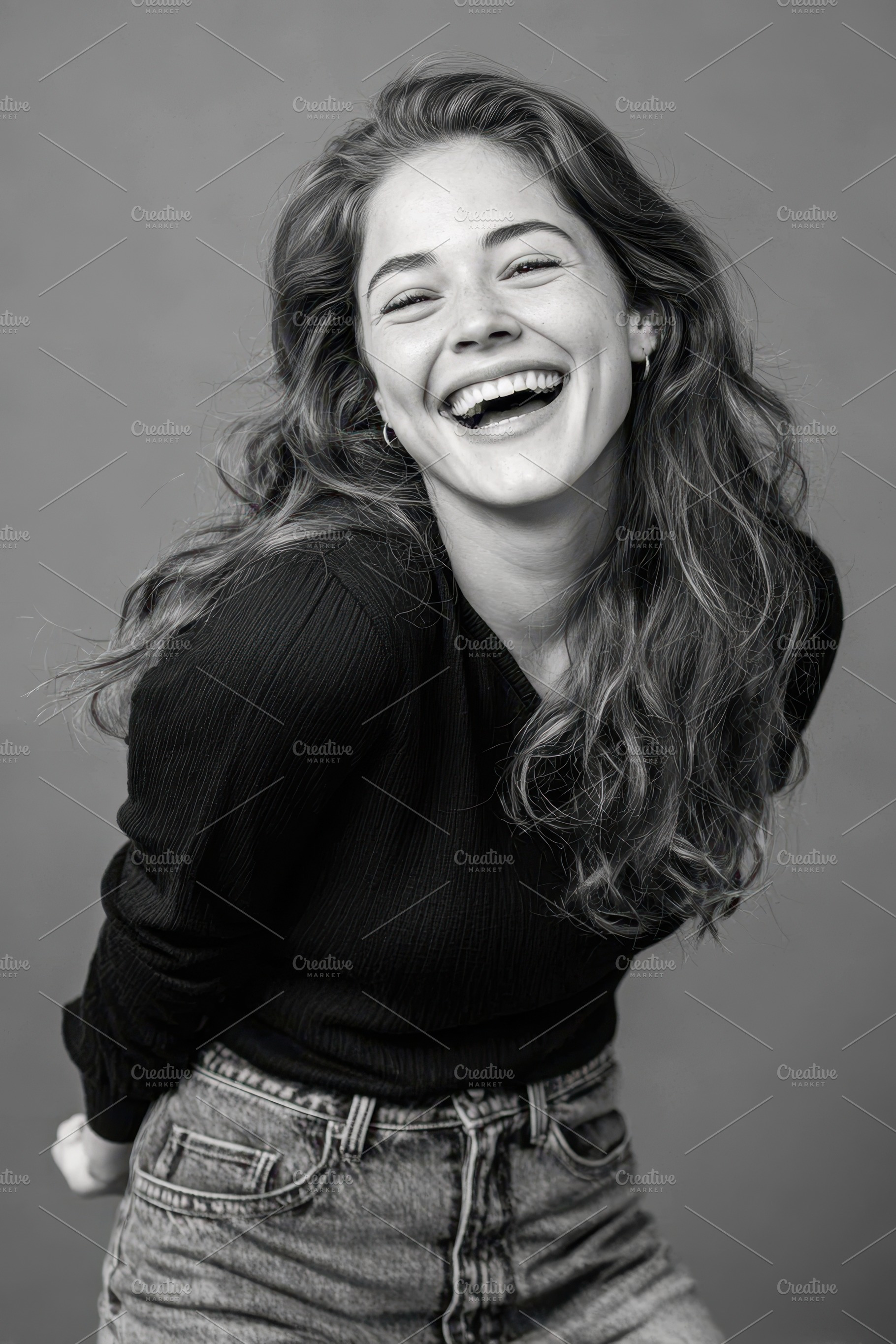 Joyful Woman Laughing in Black and White Portrait, a Person Photo by AlyaAnd
