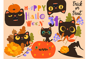 Halloween Set with Funny Cats and, an Object Illustration by Maria Starus