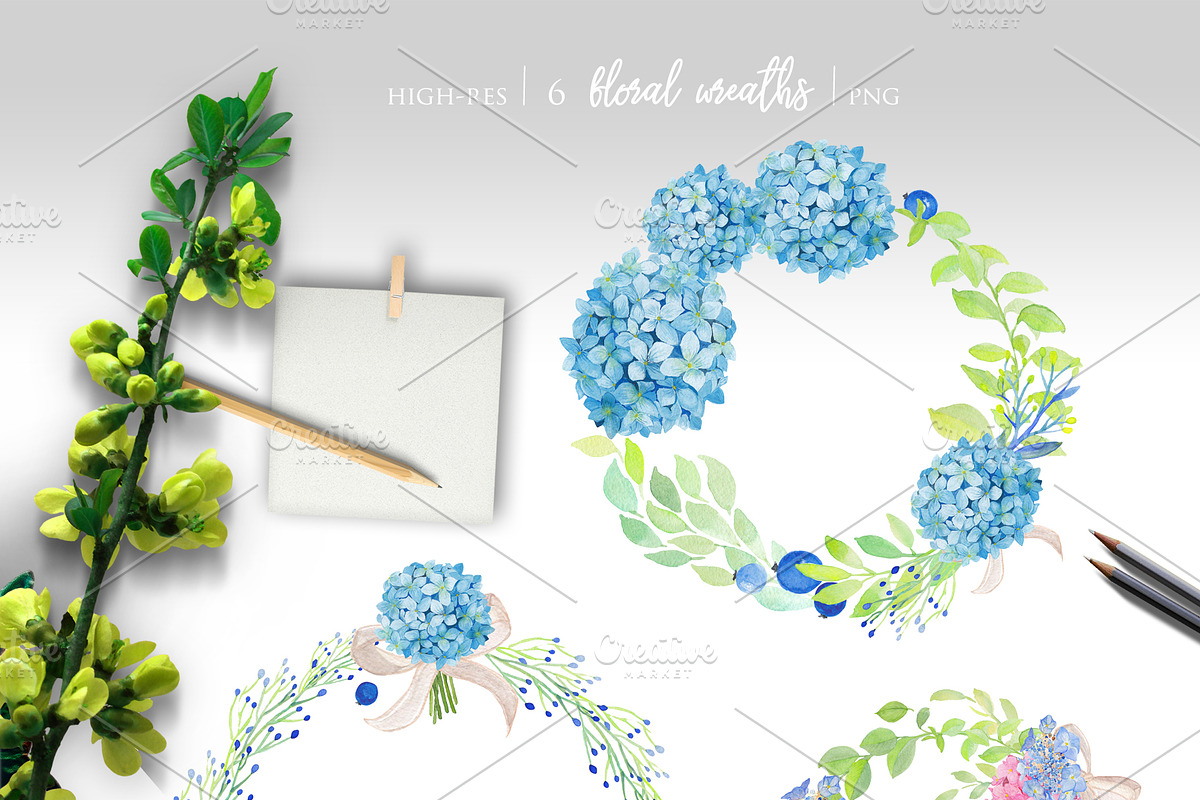 Watercolor Hydrangea Floral Clipart, an Illustration by ColorfulNest (Photo 5 of 7)
