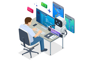 Isometric man sitting at a desk and, a Technology Illustration by Golden Sikorka