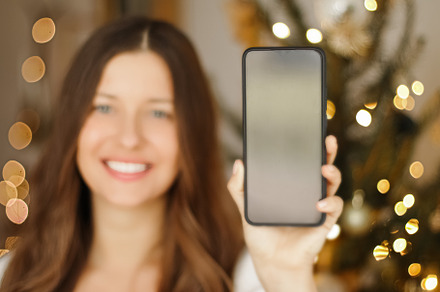 Christmas phone call and holiday greeting concept. Happy smiling, a Person Photo by Anneleven
