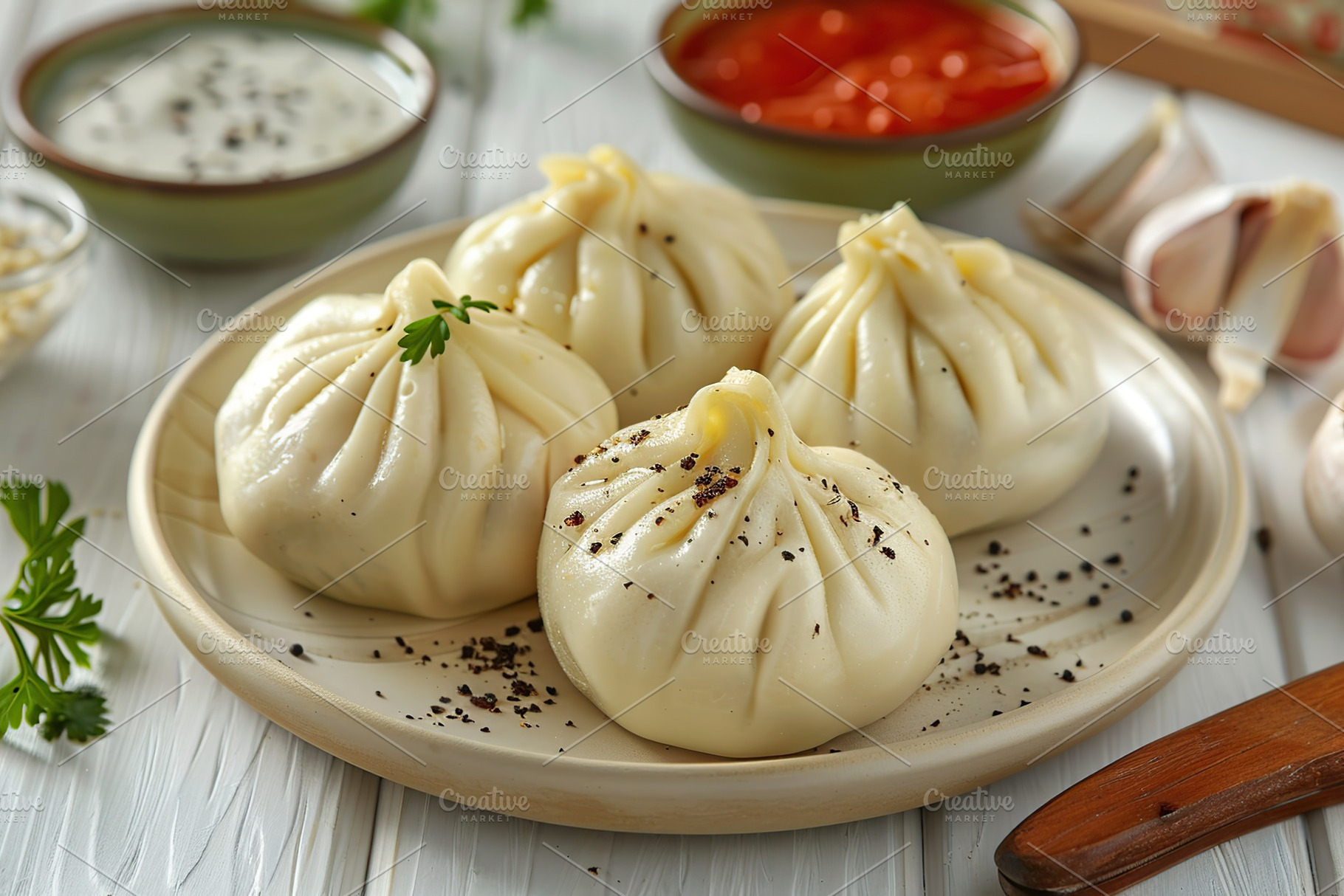 Homemade meat khinkali in plate on wooden table, a Food & Drink Photo by AlyaAnd