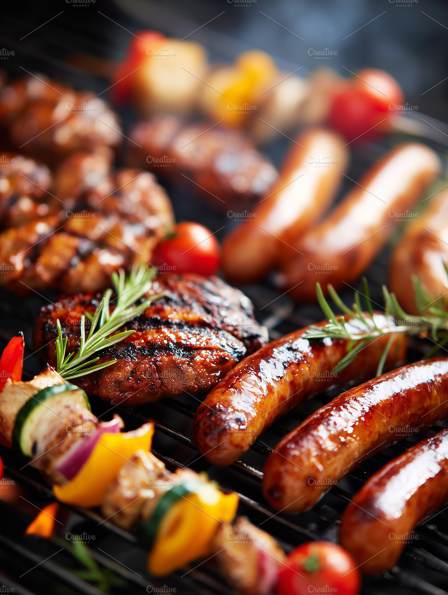 Close up of sizzling sausages, grill, a Food & Drink Photo by MistyDay