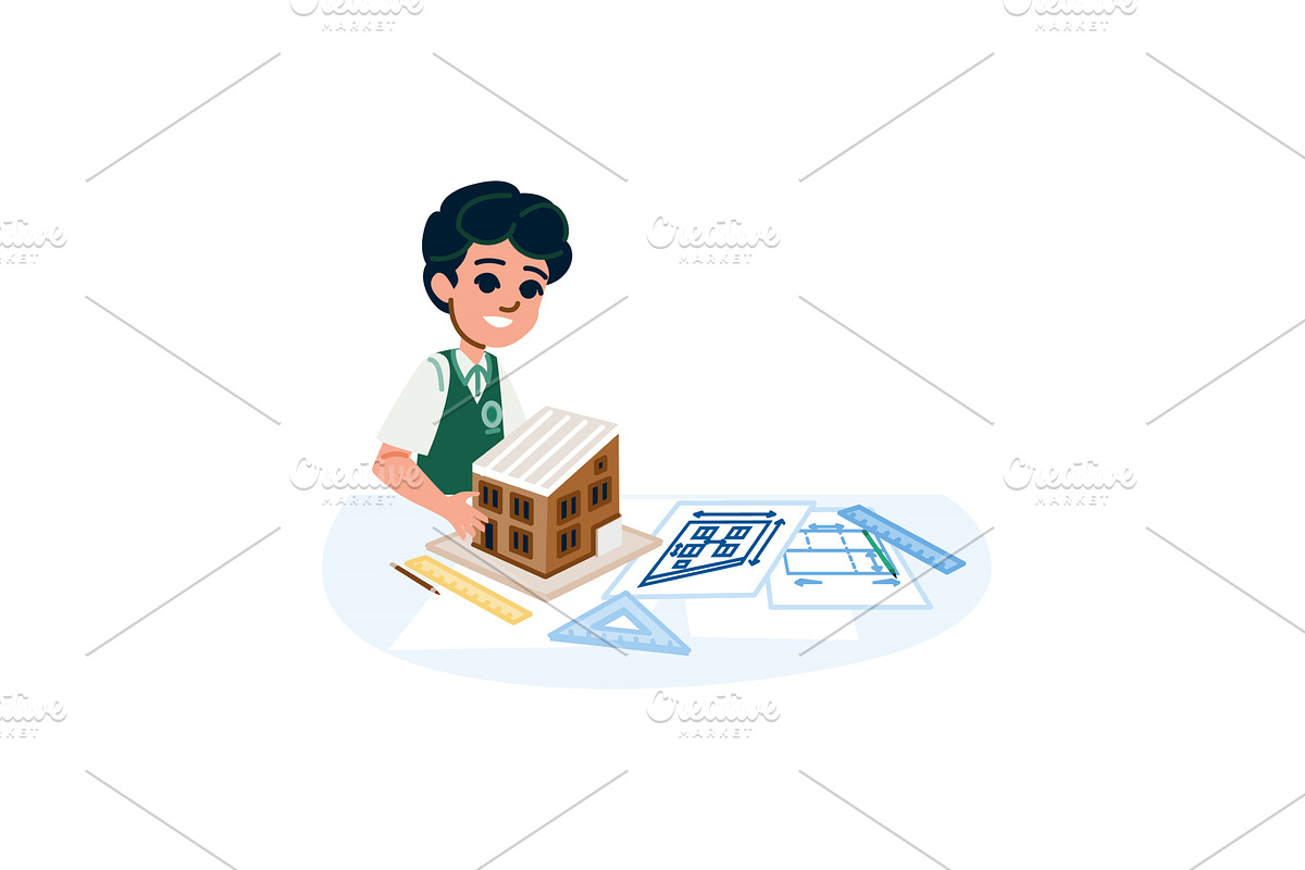 Boy architect designing a house, an Object Illustration by pikepicture
