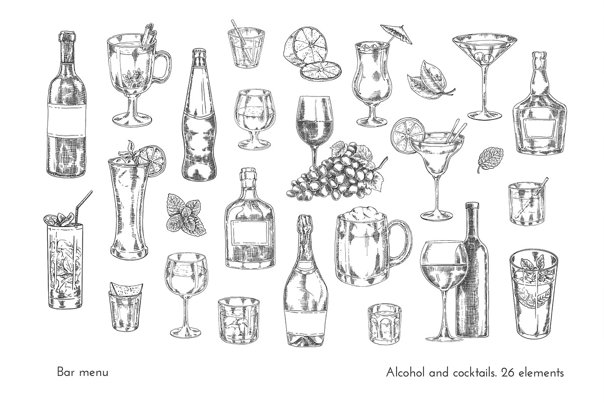 Set of sketches for the bar menu, a Food Illustration by Evgeniia Lanskikh (Photo 4 of 6)