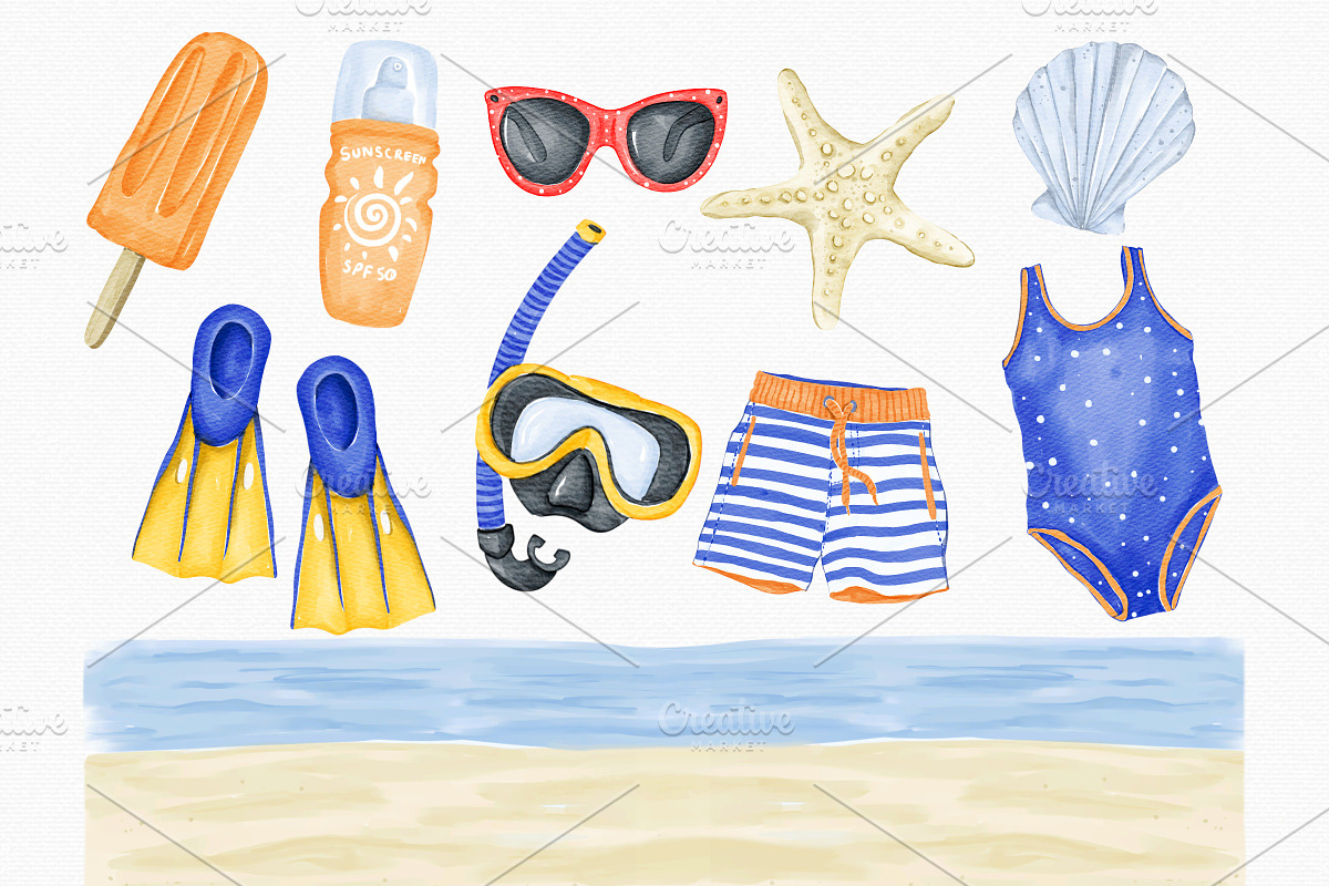 Watercolor Summer Beach Set, an Illustration by MiracleArtAndDesign (Photo 2 of 4)