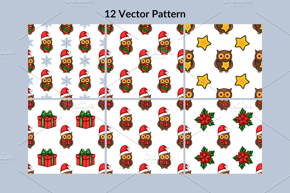 Christmas Owl: Patterns & Clipart, a Seasonal Illustration by Elatedowl (Photo 2 of 16)