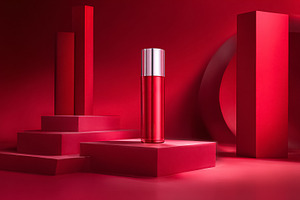 Red cosmetic product display on geometric platforms, showcasing, a Photo by Studio ANNA
