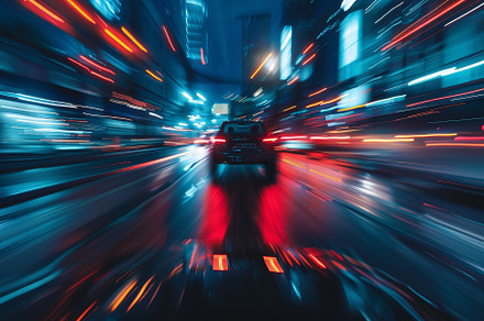 Nighttime city drive with blurred li, a Photo by Tanuart