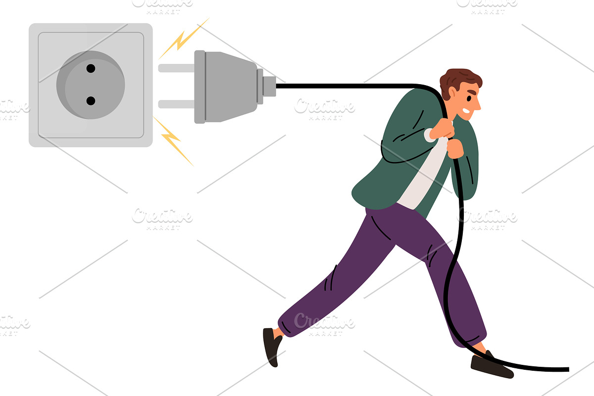 Man pulls electrical plug out of, a Technology Illustration by Vectorbuum