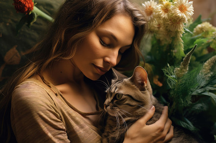A photo of a woman sitting peacefully, cradling her cat in her a, an Animal Photo by designvectx