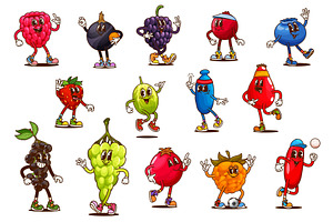 Cartoon groovy berry characters, a Food Illustration by Vector Tradition