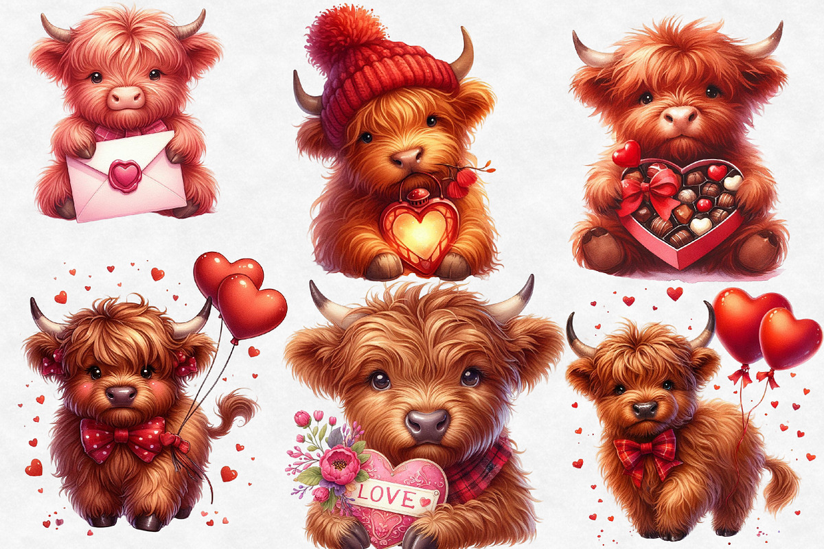 Cute Valentine Highland Cow Clipart, an Illustration by Designworld (Photo 4 of 6)