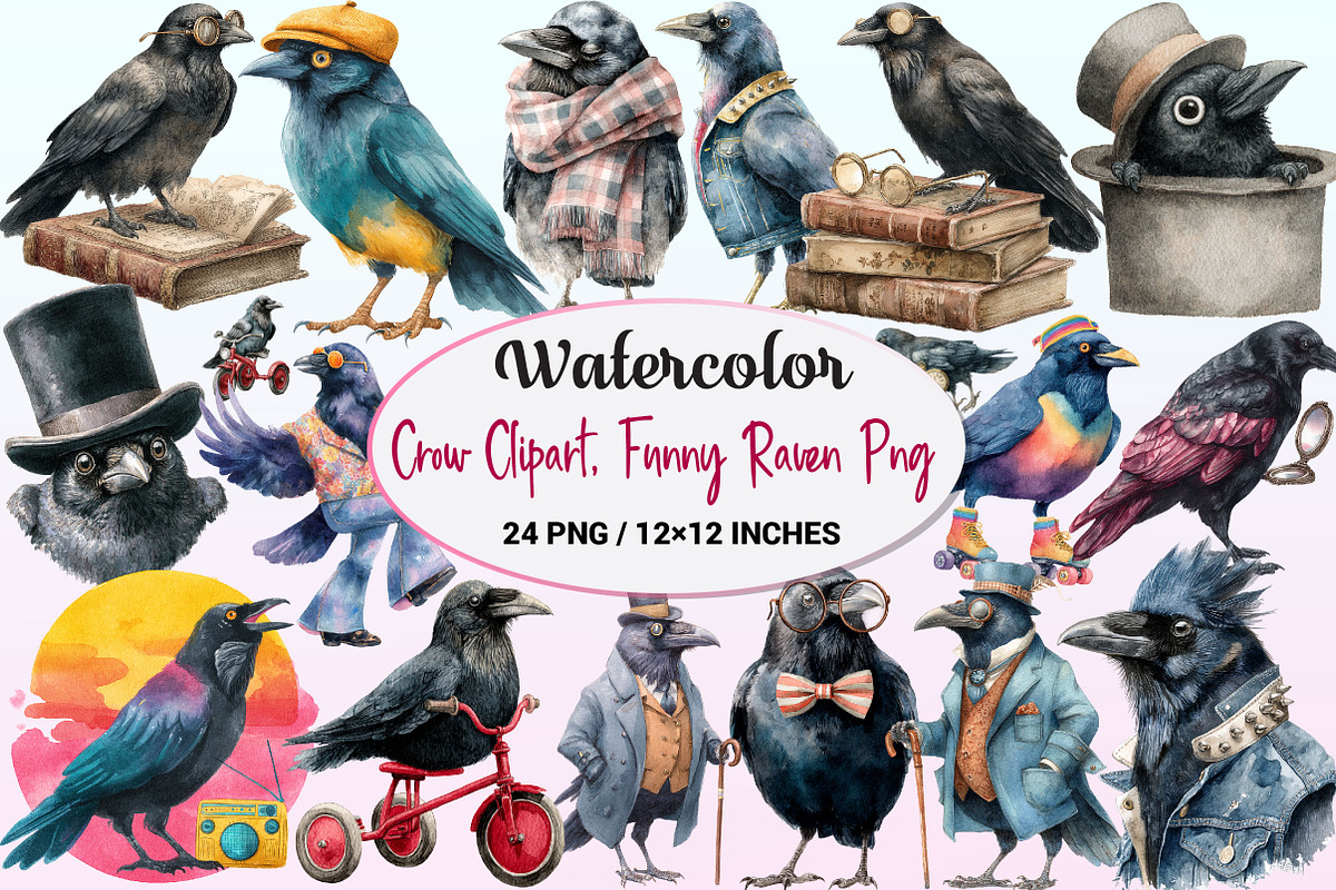 Watercolor Crow Clipart, Funny Raven, a Graphic by CitraGraphics (Photo 1 of 4)
