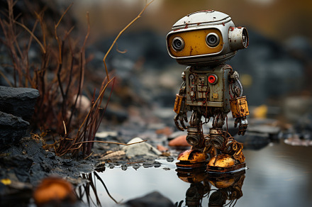 Old robot in forest, generative ai, a Technology Photo by RgraphicsDesign