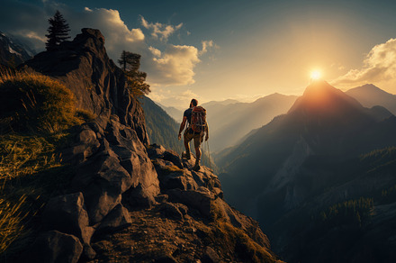 Hiker with backpack on the top of a mountain at sunset., a Photo by AS photostudio
