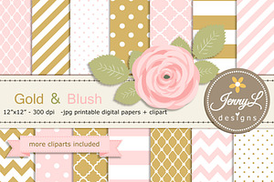 Gold and Blush Pink Digital Paper, a Pattern Graphic by JennyL Designs