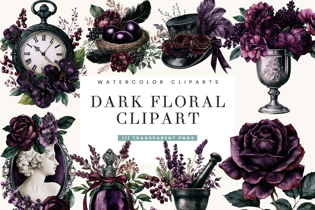Dark Floral Watercolor Clipart, a Decorative Illustration by BusyDaydesign (Photo 1 of 9)