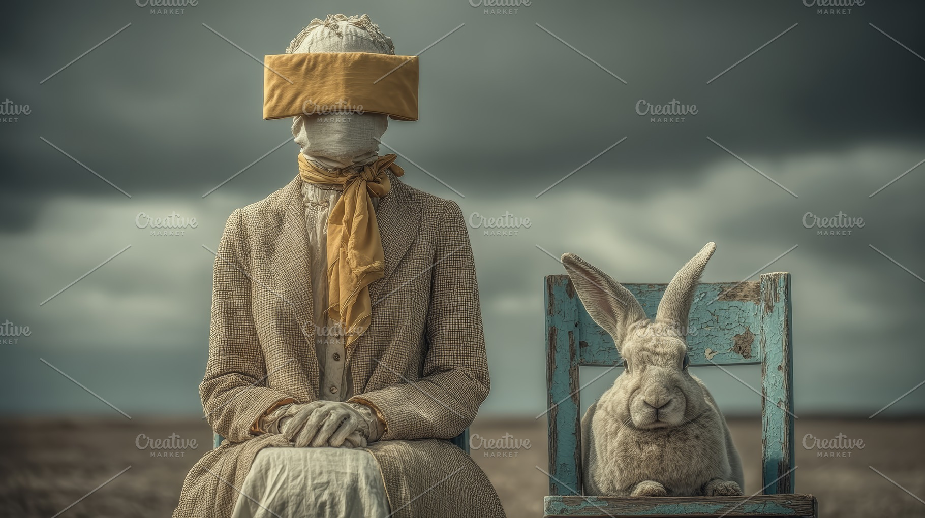 Surreal scene of a blindfolded businessperson and a rabbit seated in a desolate, a Photo by AS photostudio