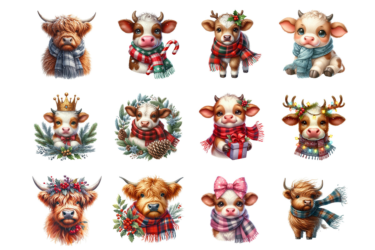 Watercolor Christmas Highland Cow, an Illustration by SinaCreation (Photo 2 of 7)