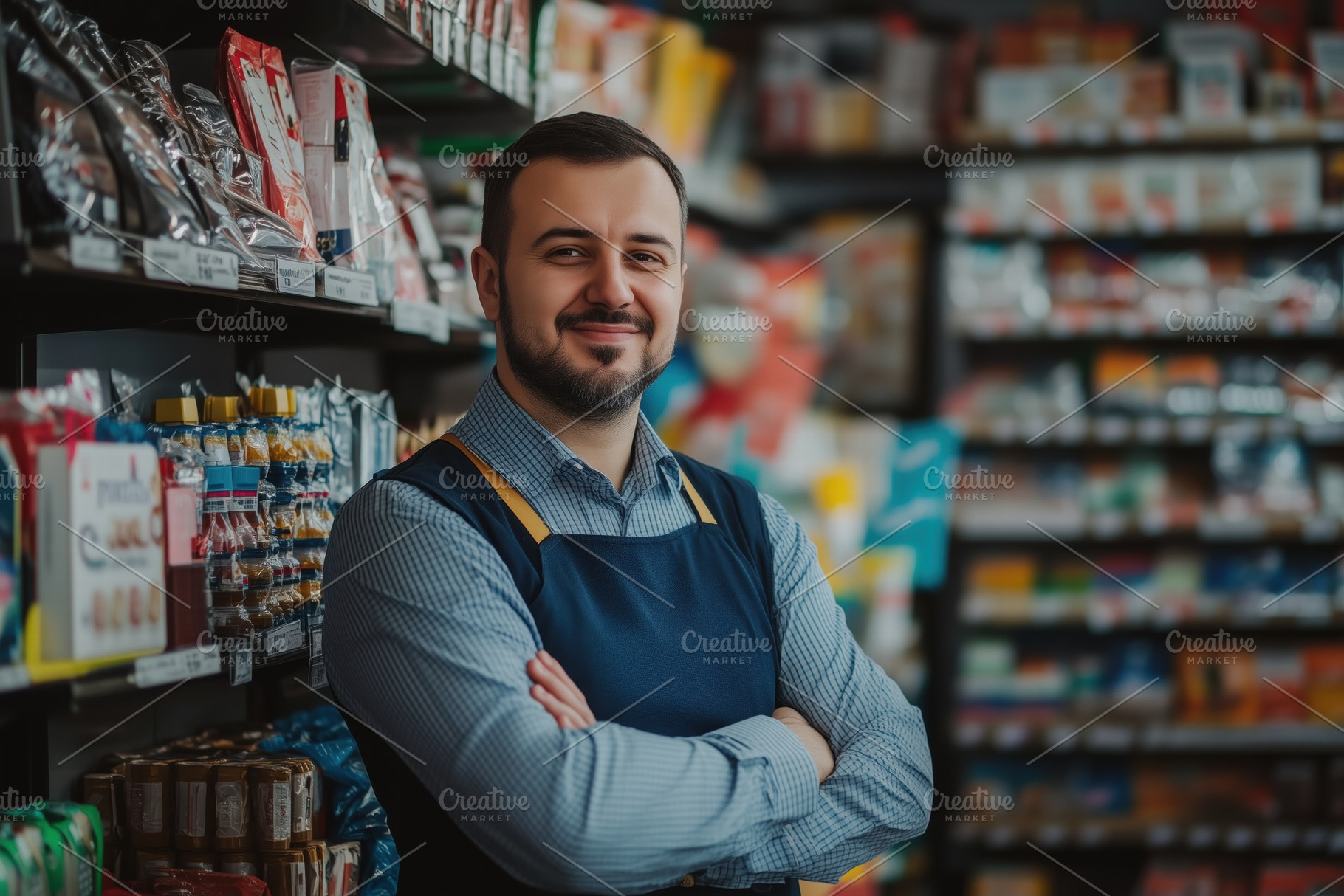 A smiling storekeeper male shopkeeper stands confidently with arms crossed in a, a Person Photo by Textures & Backgrounds