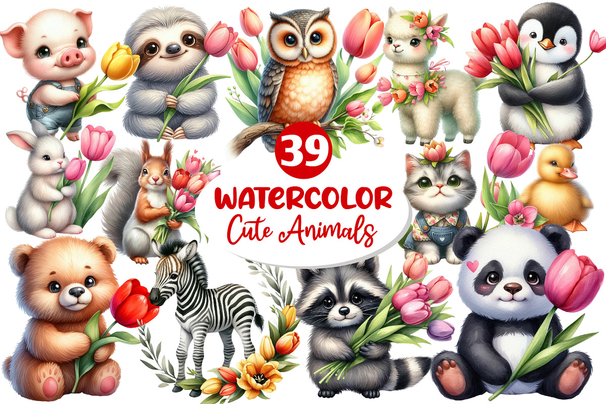 Cute Animals Tulip Flower Clipart, an Illustration by Dream Creation (Photo 1 of 7)