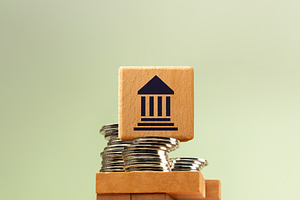 Wooden government bank symbol stacked on unstable blocks with co, a Photo by salmon.black