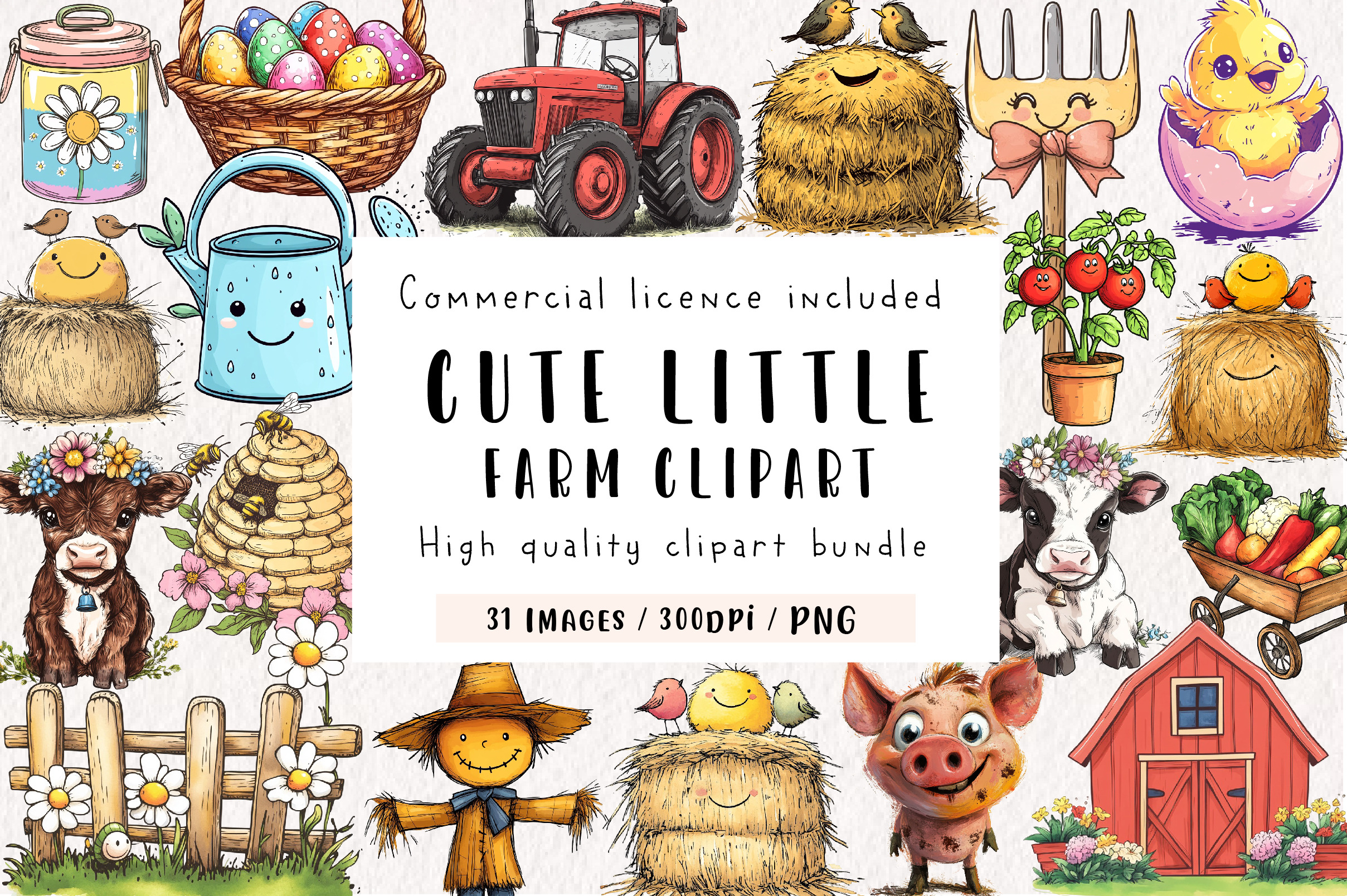 Watercolor Cute Little Farm Clipart, an Illustration by CreationArt