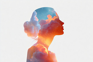 Human silhouette filled with vibrant clouds and a colorful sky at sunset, a Photo by AlyaAnd