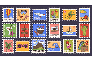 Summer travel stamps. Beach, palm, an Illustration by winwin.art
