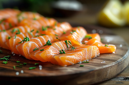 Freshly sliced salmon garnished with herbs, served on a rustic w, a Food & Drink Photo by ImageMir
