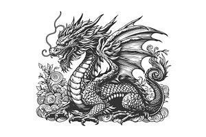 Intricate Dragon Engraving Vector