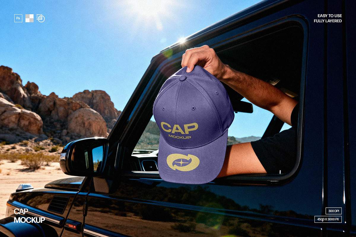 Baseball Cap Mockup in Desert Road, a Hat Mockup by Design Squad (Photo 1 of 4)