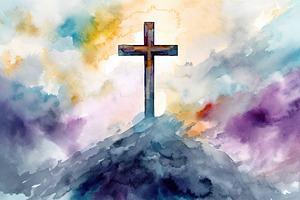 A Vibrant Watercolor Painting Of A Cross Soaring Above The Cloud