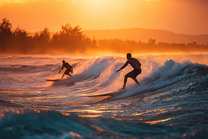 Sunset Surfing Epic Ocean Waves Silh, a Photo by Pixeness Studio