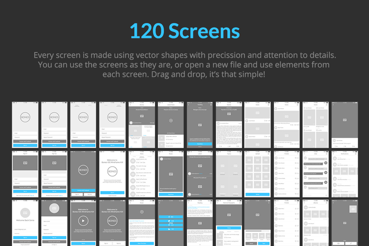 Bones IOS Wireframe Kit, a Wireframe Template by Web Donut (Photo 2 of 6)