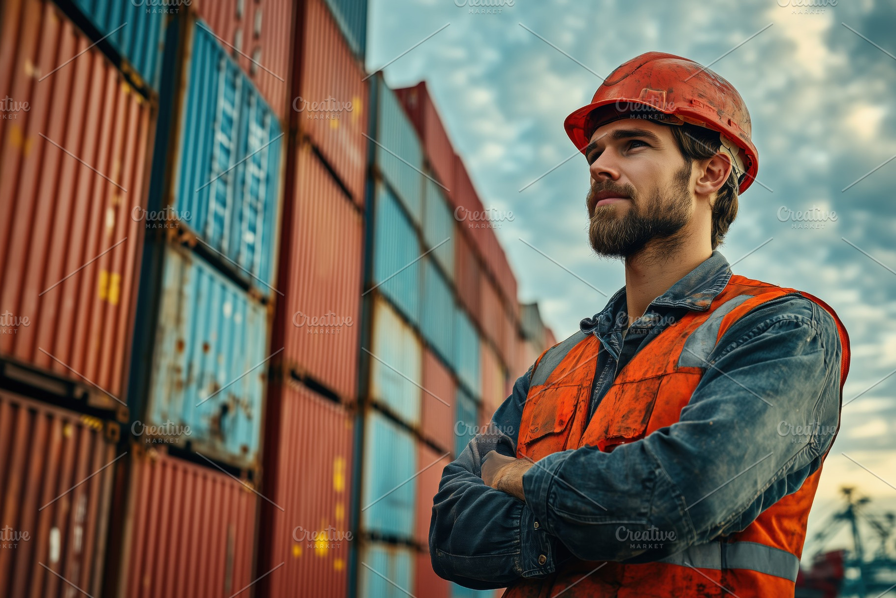 A confident male docker worker in an orange safety vest and hard hat stands wit, a Person Photo by Textures & Backgrounds