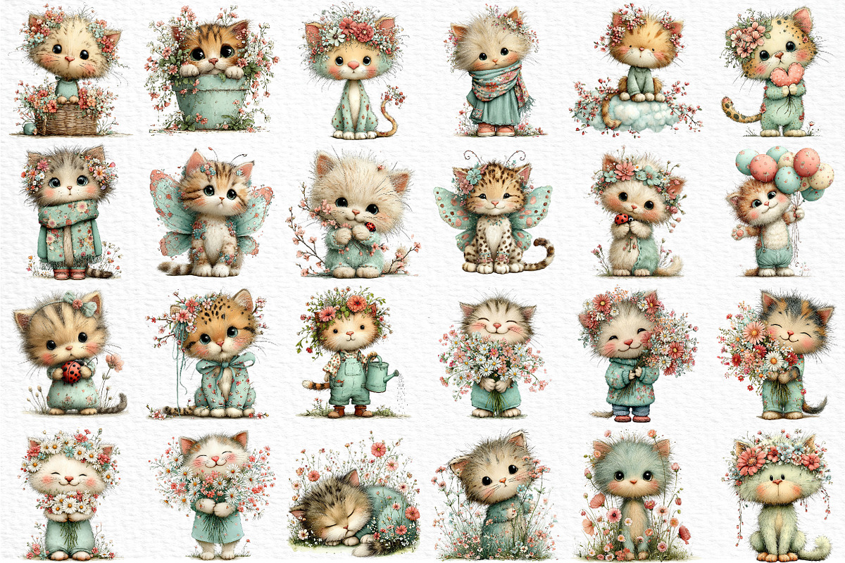 Whimsical Spring Cats Clipart, an Illustration by Craft Nest (Photo 6 of 11)