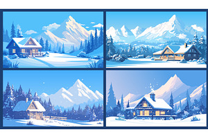 Cartoon Winter Cottage Set