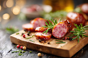 Deliciously smoked sausage slices displayed on a wooden board with fresh herbs, a Food & Drink Photo by AlyaAnd