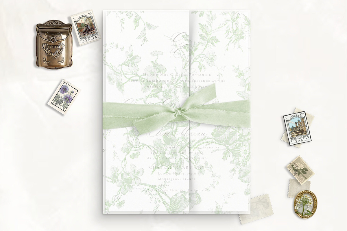 Sage Rose Toile Printable Vellum, a Stationery Template by SilverJoyAtelier (Photo 1 of 3)