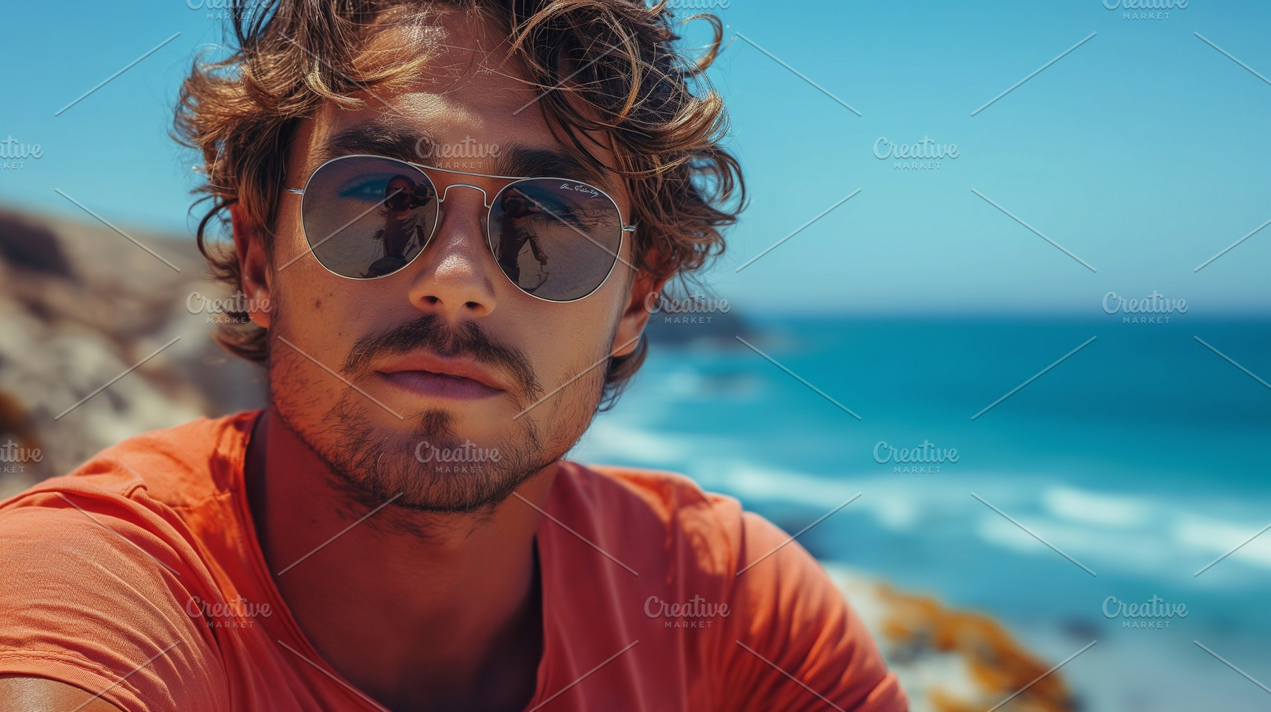 A young Hispanic man with curly hair poses thoughtfully by the beach, showcasin, a Person Photo by ImageMir
