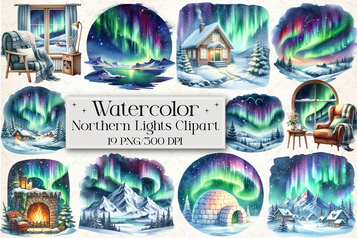 Watercolor Northern Lights Clipart, an Illustration by Libby Wishes (Photo 1 of 6)